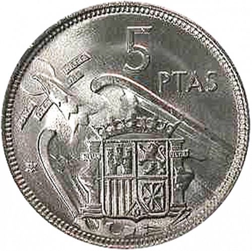 5 Pesetas Reverse Image minted in SPAIN in 1957 / 59 (1936-75  -  NATIONALIST GOVERMENT)  - The Coin Database