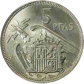 5 Pesetas Reverse Image minted in SPAIN in 1957 / 60 (1936-75  -  NATIONALIST GOVERMENT)  - The Coin Database