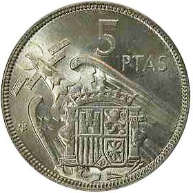 5 Pesetas Reverse Image minted in SPAIN in 1957 / 61 (1936-75  -  NATIONALIST GOVERMENT)  - The Coin Database