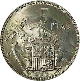 5 Pesetas Reverse Image minted in SPAIN in 1957 / 62 (1936-75  -  NATIONALIST GOVERMENT)  - The Coin Database