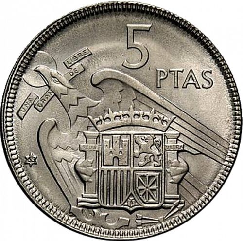 5 Pesetas Reverse Image minted in SPAIN in 1957 / 63 (1936-75  -  NATIONALIST GOVERMENT)  - The Coin Database