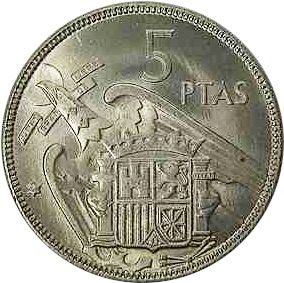 5 Pesetas Reverse Image minted in SPAIN in 1957 / 64 (1936-75  -  NATIONALIST GOVERMENT)  - The Coin Database