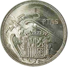 5 Pesetas Reverse Image minted in SPAIN in 1957 / 65 (1936-75  -  NATIONALIST GOVERMENT)  - The Coin Database