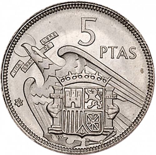 5 Pesetas Reverse Image minted in SPAIN in 1957 / 66 (1936-75  -  NATIONALIST GOVERMENT)  - The Coin Database