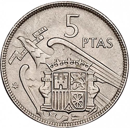 5 Pesetas Reverse Image minted in SPAIN in 1957 / 67 (1936-75  -  NATIONALIST GOVERMENT)  - The Coin Database