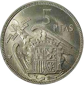 5 Pesetas Reverse Image minted in SPAIN in 1957 / 72 (1936-75  -  NATIONALIST GOVERMENT)  - The Coin Database