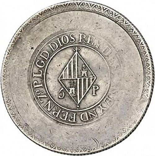 5 Pesetas Reverse Image minted in SPAIN in 1823 (1808-33  -  FERNANDO VII - Local coinage)  - The Coin Database