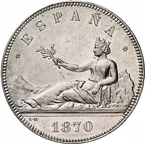 5 Pesetas Obverse Image minted in SPAIN in 1870 / 70 (1868-70  -  PROVISIONAL GOVERNMENT)  - The Coin Database