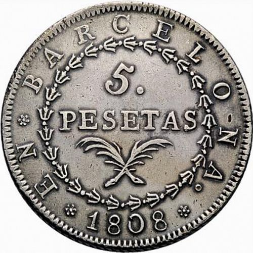 5 Pesetas Reverse Image minted in SPAIN in 1808 (1808-13  -  JOSE NAPOLEON - Barcelona)  - The Coin Database