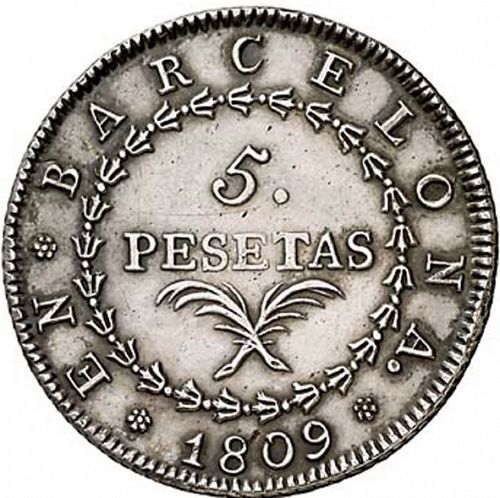 5 Pesetas Reverse Image minted in SPAIN in 1809 (1808-13  -  JOSE NAPOLEON - Barcelona)  - The Coin Database