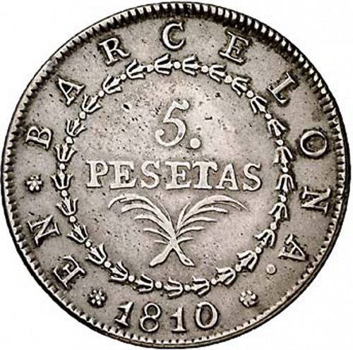 5 Pesetas Reverse Image minted in SPAIN in 1810 (1808-13  -  JOSE NAPOLEON - Barcelona)  - The Coin Database