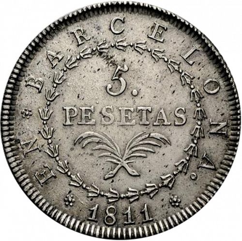 5 Pesetas Reverse Image minted in SPAIN in 1811 (1808-13  -  JOSE NAPOLEON - Barcelona)  - The Coin Database