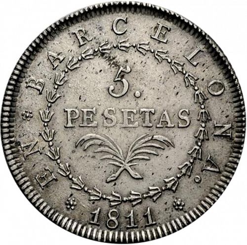 5 Pesetas Reverse Image minted in SPAIN in 1811 (1808-13  -  JOSE NAPOLEON - Barcelona)  - The Coin Database