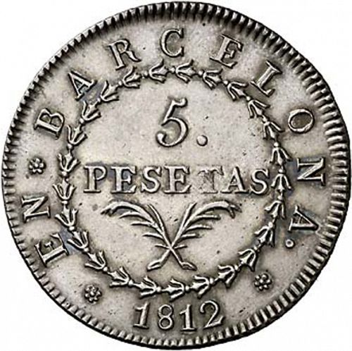 5 Pesetas Reverse Image minted in SPAIN in 1812 (1808-13  -  JOSE NAPOLEON - Barcelona)  - The Coin Database
