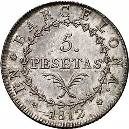 5 Pesetas Reverse Image minted in SPAIN in 1812 (1808-13  -  JOSE NAPOLEON - Barcelona)  - The Coin Database