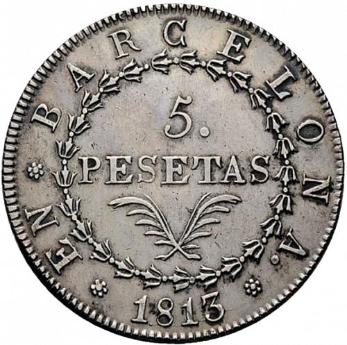 5 Pesetas Reverse Image minted in SPAIN in 1813 (1808-13  -  JOSE NAPOLEON - Barcelona)  - The Coin Database