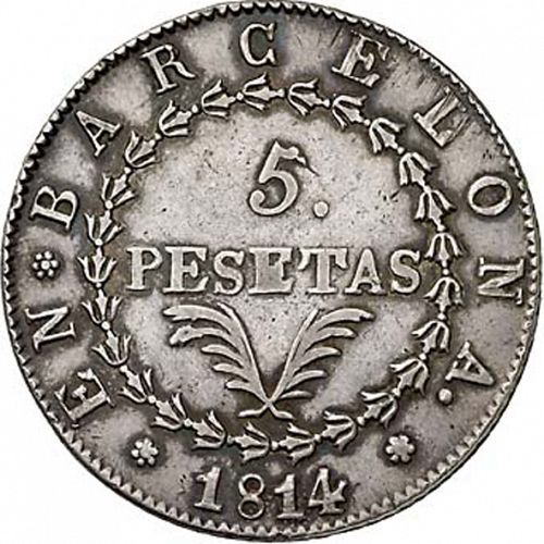 5 Pesetas Reverse Image minted in SPAIN in 1814 (1808-13  -  JOSE NAPOLEON - Barcelona)  - The Coin Database