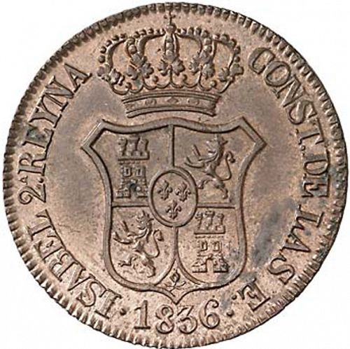 6 Cuartos Obverse Image minted in SPAIN in 1836 (1833-48  -  ISABEL II - Catalonia Principality)  - The Coin Database