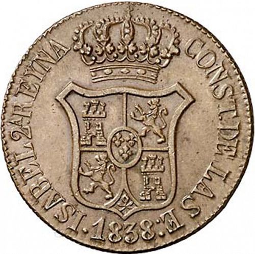 6 Cuartos Obverse Image minted in SPAIN in 1838 (1833-48  -  ISABEL II - Catalonia Principality)  - The Coin Database
