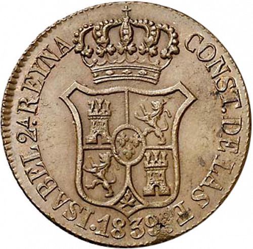 6 Cuartos Obverse Image minted in SPAIN in 1839 (1833-48  -  ISABEL II - Catalonia Principality)  - The Coin Database