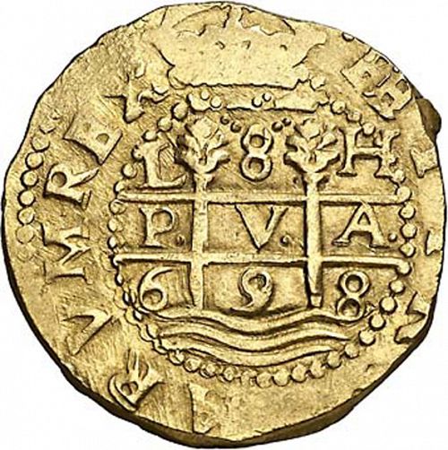 8 Escudos Obverse Image minted in SPAIN in 1698H (1665-00  -  CARLOS II)  - The Coin Database