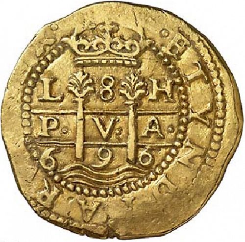 8 Escudos Reverse Image minted in SPAIN in 1696H (1665-00  -  CARLOS II)  - The Coin Database