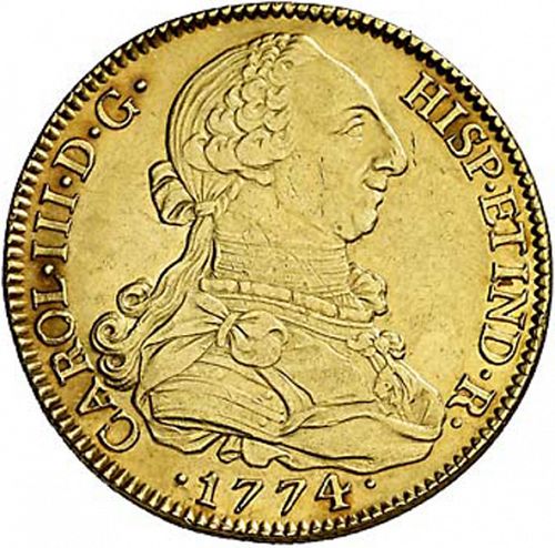 8 Escudos Obverse Image minted in SPAIN in 1774CF (1759-88  -  CARLOS III)  - The Coin Database