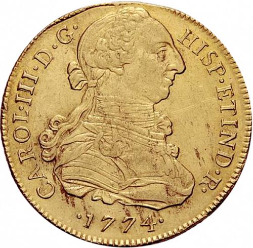 8 Escudos Obverse Image minted in SPAIN in 1774MJ (1759-88  -  CARLOS III)  - The Coin Database