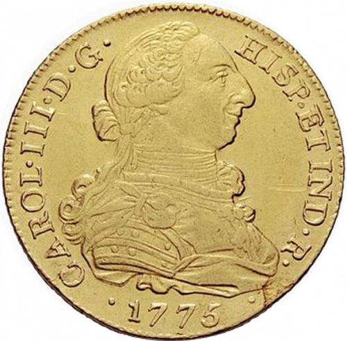 8 Escudos Obverse Image minted in SPAIN in 1775JS (1759-88  -  CARLOS III)  - The Coin Database