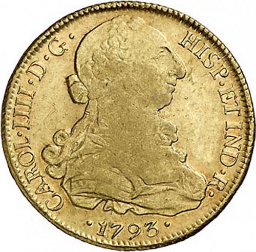 8 Escudos Obverse Image minted in SPAIN in 1793DA (1788-08  -  CARLOS IV)  - The Coin Database