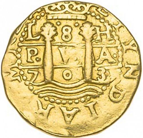 8 Escudos Obverse Image minted in SPAIN in 1703H (1700-46  -  FELIPE V)  - The Coin Database