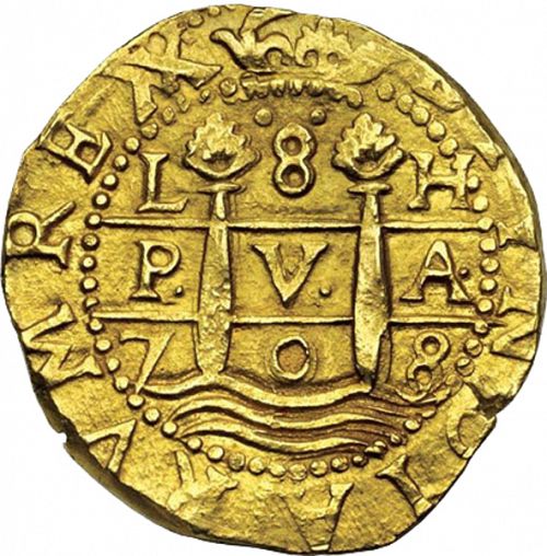 8 Escudos Obverse Image minted in SPAIN in 1708H (1700-46  -  FELIPE V)  - The Coin Database