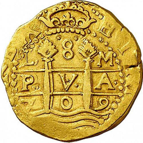 8 Escudos Obverse Image minted in SPAIN in 1709M (1700-46  -  FELIPE V)  - The Coin Database