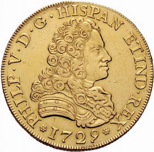 8 Escudos Obverse Image minted in SPAIN in 1729 (1700-46  -  FELIPE V)  - The Coin Database