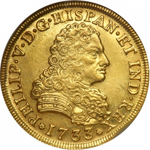 8 Escudos Obverse Image minted in SPAIN in 1733F (1700-46  -  FELIPE V)  - The Coin Database