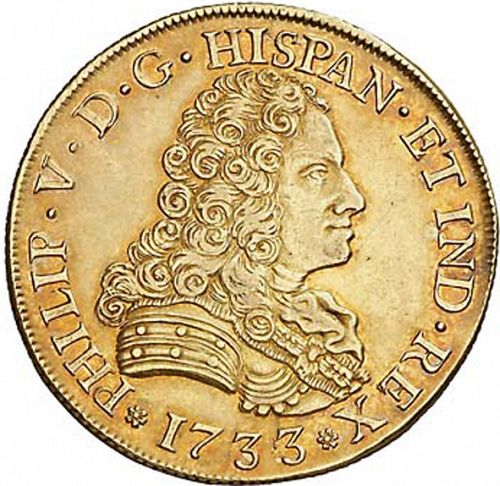 8 Escudos Obverse Image minted in SPAIN in 1733PA (1700-46  -  FELIPE V)  - The Coin Database