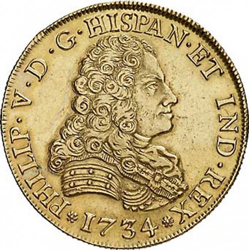 8 Escudos Obverse Image minted in SPAIN in 1734PA (1700-46  -  FELIPE V)  - The Coin Database