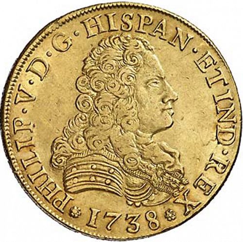 8 Escudos Obverse Image minted in SPAIN in 1738PJ (1700-46  -  FELIPE V)  - The Coin Database