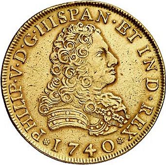 8 Escudos Obverse Image minted in SPAIN in 1740MF (1700-46  -  FELIPE V)  - The Coin Database