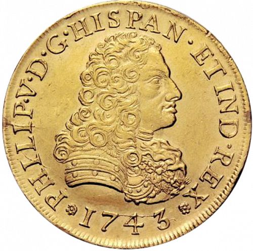 8 Escudos Obverse Image minted in SPAIN in 1743MF (1700-46  -  FELIPE V)  - The Coin Database