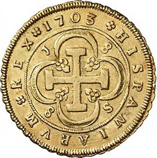 8 Escudos Reverse Image minted in SPAIN in 1703J (1700-46  -  FELIPE V)  - The Coin Database