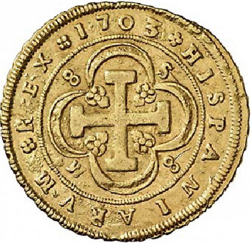 8 Escudos Reverse Image minted in SPAIN in 1703M (1700-46  -  FELIPE V)  - The Coin Database
