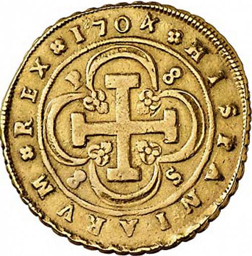 8 Escudos Reverse Image minted in SPAIN in 1704P (1700-46  -  FELIPE V)  - The Coin Database