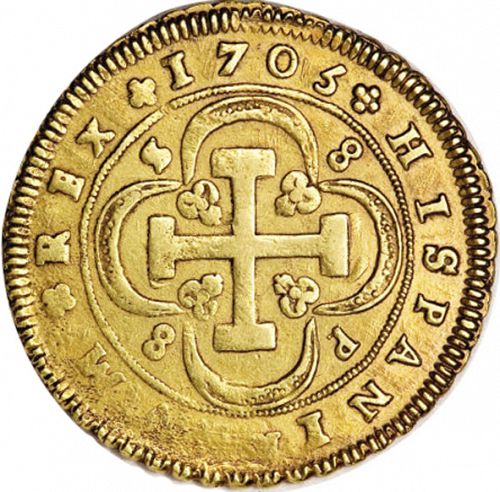 8 Escudos Reverse Image minted in SPAIN in 1705P (1700-46  -  FELIPE V)  - The Coin Database