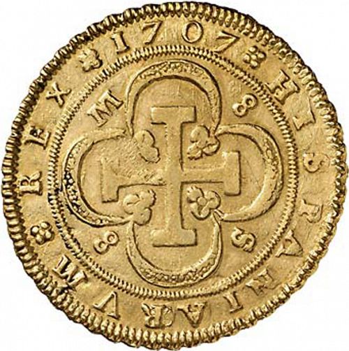 8 Escudos Reverse Image minted in SPAIN in 1707M (1700-46  -  FELIPE V)  - The Coin Database