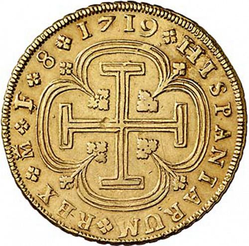 8 Escudos Reverse Image minted in SPAIN in 1719F (1700-46  -  FELIPE V)  - The Coin Database
