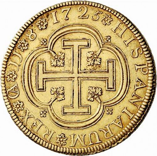 8 Escudos Reverse Image minted in SPAIN in 1725JJ (1700-46  -  FELIPE V)  - The Coin Database