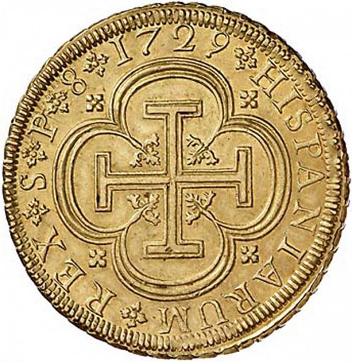 8 Escudos Reverse Image minted in SPAIN in 1729P (1700-46  -  FELIPE V)  - The Coin Database
