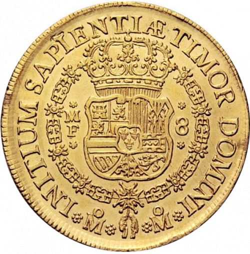 8 Escudos Reverse Image minted in SPAIN in 1743MF (1700-46  -  FELIPE V)  - The Coin Database