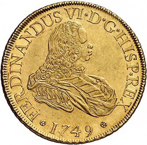 8 Escudos Obverse Image minted in SPAIN in 1749JB (1746-59  -  FERNANDO VI)  - The Coin Database